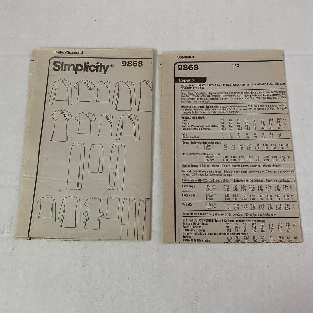 Simplicity 9868 Qipao Cheongsam Tunic Skirt Pants Pattern Sz 14-20 Vintage UNCUT